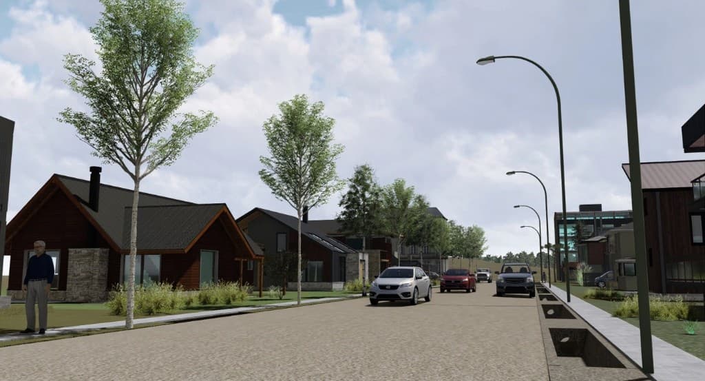 Render del barrio Brisas del Nahuel — calle y viviendas